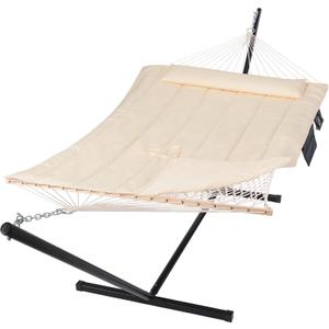 SUNCREAT Two Person Hammock with 12ft Stand Included, Max 475lbs Capacity, Heavy Duty Free Standing Hammock, Beige