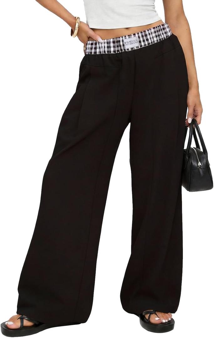Wide Leg Slacks Pants for Women Pull on High Waisted Business Trousers with 3 Pockets for Casual Office Wear (Black, S)