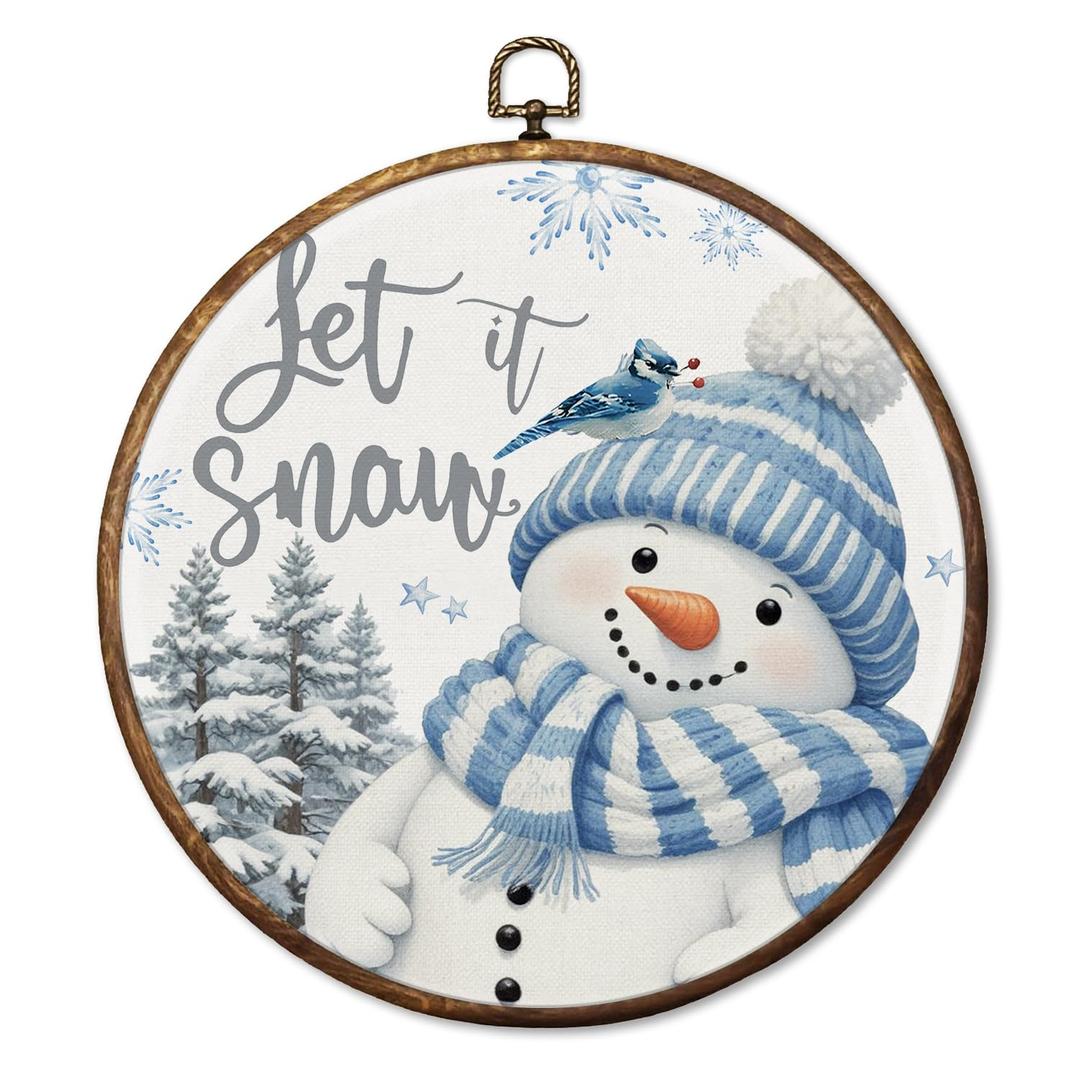 HUGANE Christmas Blue Snowman Bird Round Wall Art Decor, Let it Snow Cozy Rustic Xmas Winter Hanging Canvas Framed Prints Wall Sculptures for Home Bedroom Living Room Decor, 10x10 Inch