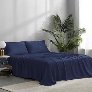NATUREFIELD Bed Sheets Set Queen Size (4pc), 100% Rayon Derived from Bamboo, Cooling Sheets with Fitted Deep Pockets, Hotel Luxury Bedding Sheets & Pillowcases (Navy)