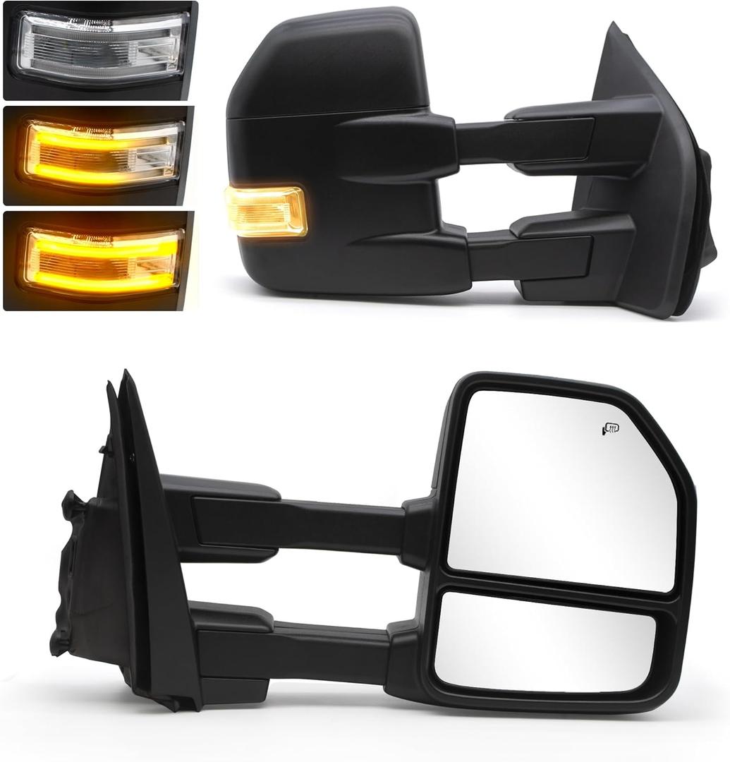 NEYASU Pair Towing Mirrors fit for 2015 2016 2017 2018 2019 2020 Ford F150 Pickup Truck Dynamic Turn Signal Light Power Heated Temperature Sensor Running Light 8 Pin Plug Black Tow Mirrors LH RH