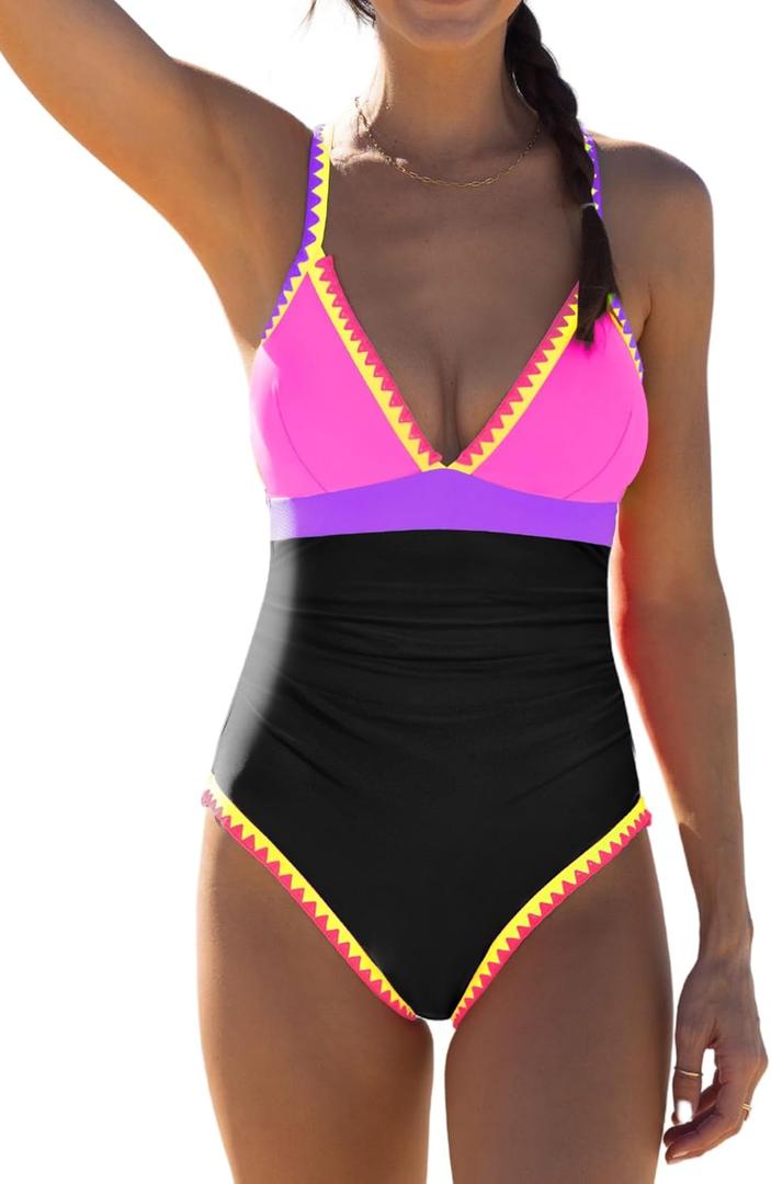 popvil One Piece Swimsuit 2025 Tummy Control Women Bathing Suit Shapewear Swimsuits Slimming Neon Cute Tie Back Swimwear (Medium, Black3)