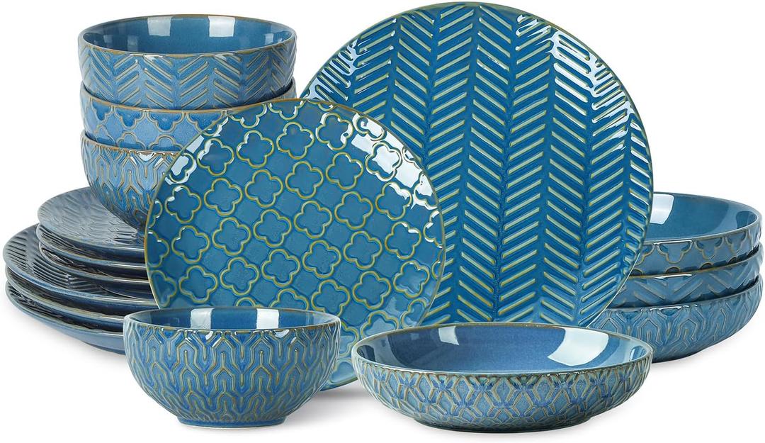 Sureasy Ceramic Dinnerware Set for 4-16 Pieces Embossed Plates and Bowls Sets, Scratch Resistant Dish Set, Microwave, Oven & Dishwasher Safe, Blue