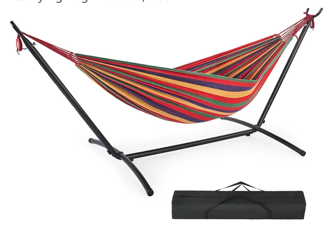 DUMOS Double Hammock with Space Saving Stand, Heavy Duty Steel Frame, Portable for Outside & Indoor Use, 450lbs Capacity, Easy Assembly, Carrying Bag Included, Red