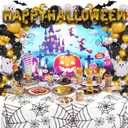 278 Pcs Happy Halloween Tableware Party Supplies Contain Forks Spoons Knives Paper Plates Balloons Tablecloth Ghost Banner Backdrop Bat stickers (Type 2)
