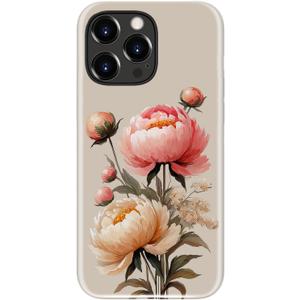 for iPhone 14 Pro Case Cute - Wireless Charging Compatible - Dual-Layer Hard Shell + Silicone Cover - Aesthetic Protective Trendy Phone Case for Women - Blooming Peony