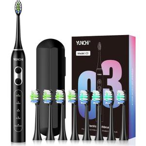 YUNCHI Electric Toothbrush for Adults and Kids, Rechargeable Sonic Electric Tooth Brush with 8 Brush Heads, 90 Days, 5 Models & 2 Minutes Smart Timer, Travel Case, 44000 VPM Motor, Black