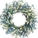 26 Inch Summer Spring Blue Ivory Lavender Flower Wreath for Front Door, Rustic and Farmhouse Wild Flowers Wreath for Inside and Outside, Coastal Blue Home Decorating