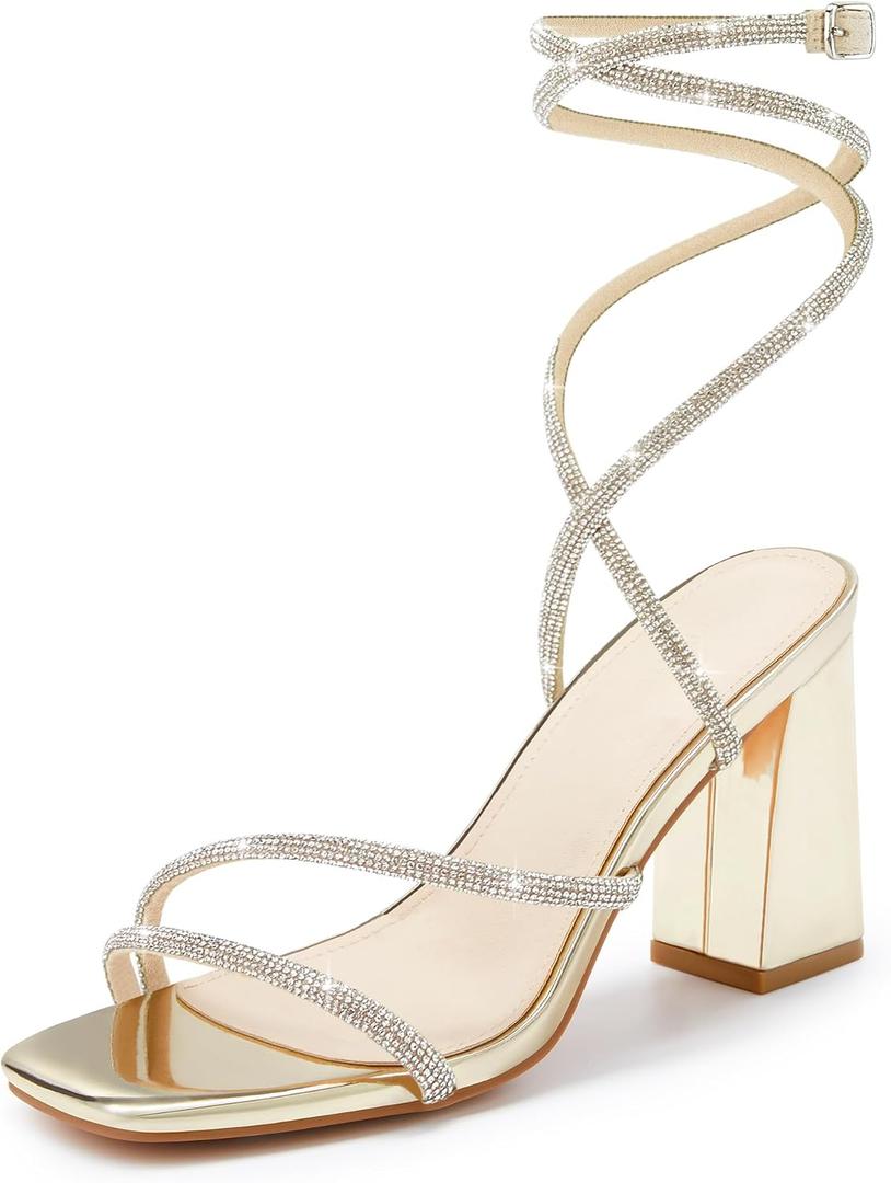 Coutgo Womens Lace Up Chunky Heels Rhinestone Sandals Square Open Toe High Block Heeled Wedding Dress Shoes, Gold, Size 6.5