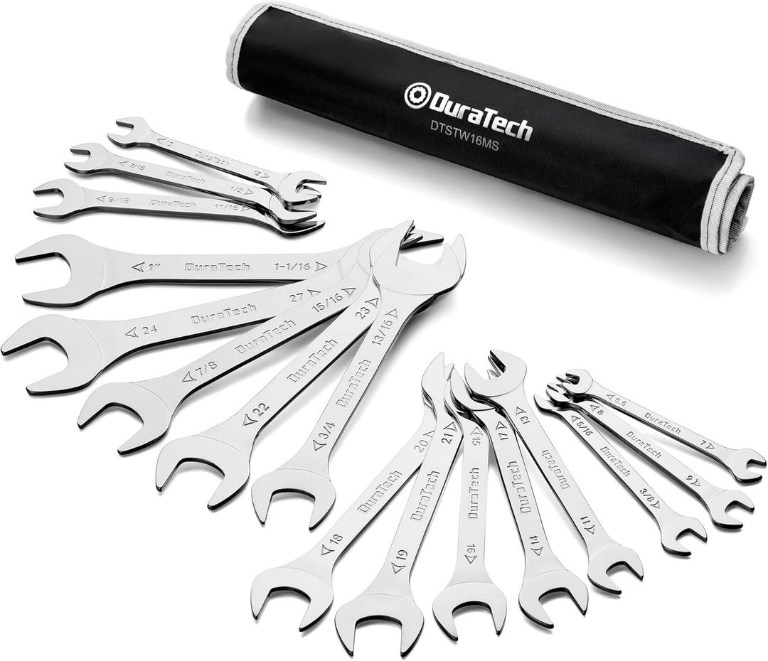 DURATECH Super-thin Open End Wrench Set, SAE(5/16" to 1-1/16") & Metric(5.5mm to 27mm), 16-Piece, Slim Spanner Wrench Set with Rolling Pouch