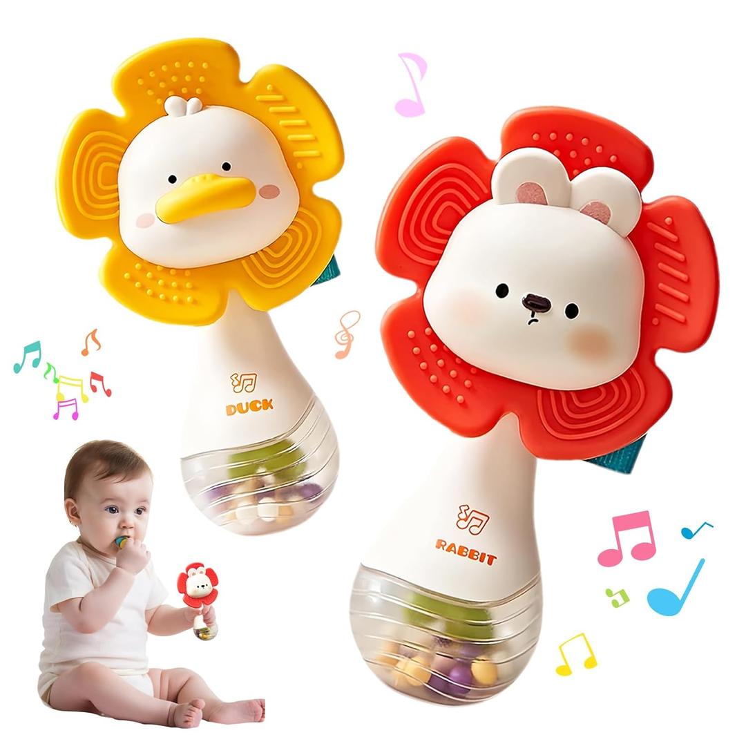 weirtoya 2 PCS Baby Rattles Teething Toys 3-6 Month, Baby Toys for 0-6 Months Infant Toy Sensory Toys with Beads Grasping Shaker, Newborn Must Haves Montessori Toys Babies Gifts (yellow and red)