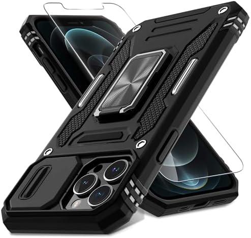 DEERLAMN Case for iPhone 13 Pro Max with Slide Camera Cover+Screen Protector (1 Pack), Rotated Ring Kickstand Military Grade Shockproof Protective Cover 6.7 Inch-Black