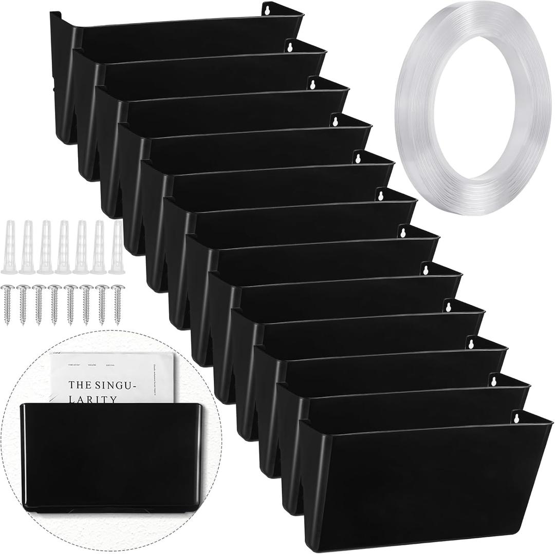 Tenceur 12 Pcs Plastic Single Pocket Wall Mount File Holder with Double Sided Adhesive Tape and Screws Wall File Hanging Folder Letter Paper Mail Organizer for Office Home Classroom(Black)