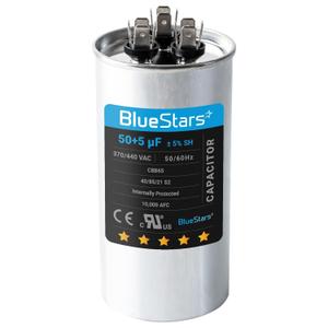 50+5 MFD uf 370 or 440 Volt VAC Dual Run Circular Start Capacitor Replacement Part by Blue Stars - Exact Fit for Condenser Straight Cool or Heat Pump Air Conditioner - Replaces 97F9850 97F9970