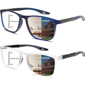 CLASAGA Progressive Multifocal Reading Glasses for Men Photochromic Gray Sunglasses Sports Style Blue Light Blocking Readers (Blue&Clear, 1.0, x)