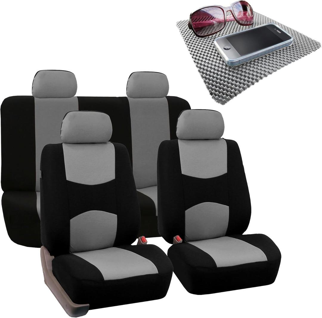 FH Group Bright Flat Cloth Full Set Automotive Seat Covers Front Set and Rear Solid Bench Gray Black Seat Covers w. Gift Universal Fit Interior Accessories for Cars Trucks and SUVs
