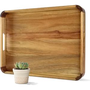 22 Inches Acacia Wood Serving Tray with Handles, Large Wooden Rectangle Ottoman Tray, Nice Home Decor for Living Room Coffee Table Couch, Ideal Size for Serving Food Breakfast BBQ Party
