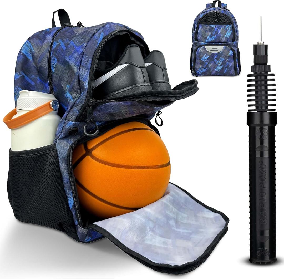 Soccer & Basketball Sports Bag with Ball Pump - Basketball Backpack with Separate Ball & Shoes Holder Compartment, Soccer Basketball Football & Volleyball Bag with Large Capacity (Blue)