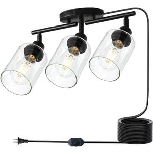 Modern Dimmable 3 Light Plug in Ceiling Light ,Black Plug in Track Lighting Kit with 16.5' extra-long cord with switch,Clear Glass Shade,Flexibly Rotatable Light Head,Modern Industrial Farmhouse Style