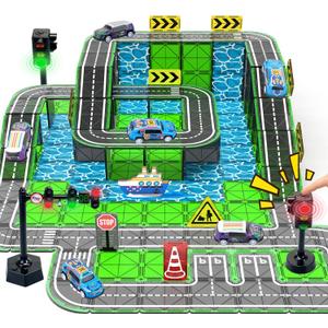 Magnetic Tiles Road Set with Pullback Car & Magnet Ship,Traffic Themed Magnetic Building Tiles Set with Traffic Light,STEM Magnet Tile for Kids Ages 3-7, Preschool Educational Kids Toys Gifts