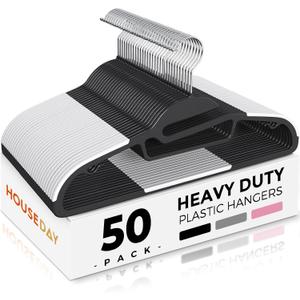 HOUSE DAY Black Plastic Hangers 50 Pack, Slim Space Saving, Non Slip Hangers with Rubber Pads, Sturdy Coat Hanger for Closet, S-Shaped Clothes Hanger for Shirt, Suit, Pant, Skirt