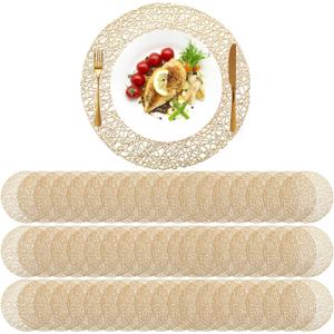 Sieral 60 Packs Gold Round Placemats 15 Inch Hollow Out Pressed Vinyl Place Mats Heat Resistant Woven Gold Placemats for Christmas Dinner Table Winter Holiday Party Wedding Centerpiece Decoration