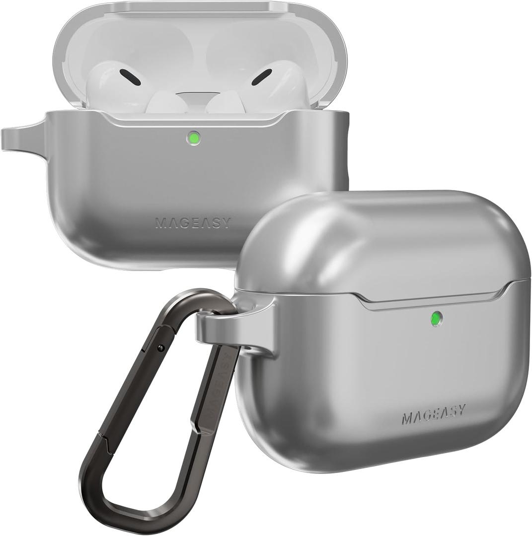 MAGEASY Skin AirPods Pro 3 Case with Metal Carabiner Clip, Shockproof AirPods Pro 3rd Generation Case with MagSafe & Qi Compatible, Secure Lock Lid, Slim Protective Silicone Cover (Cosmic Silver)