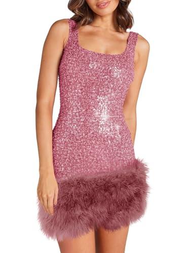 Wenrine Womens Sparkly Sequin Dress Bodycon Square Neck Fur Club Party Mini Dresses Pink S