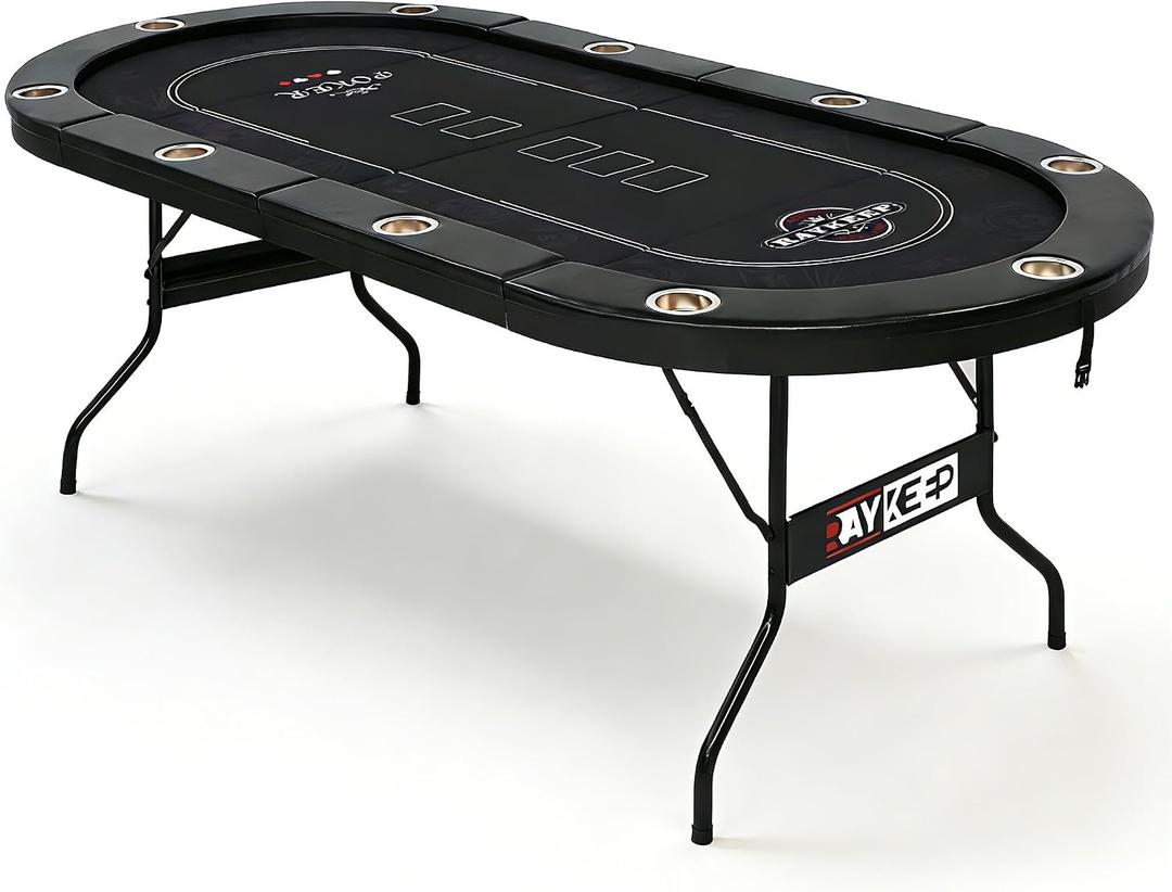 RAYKEEP 10 Player Poker Table Foldable, 84" Folding Blackjack Texas Holdem Table, Portable Casino Leisure Card Board Game Table with Cup Holders and Padded Rails for Game Room (Black)
