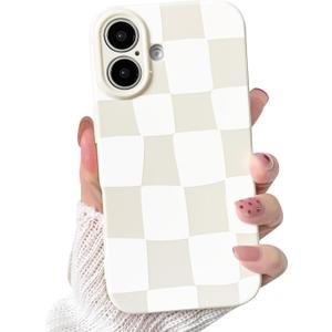 NITITOP Compatible with iPhone 16 Plus Case Cute Aesthetic Checkerboard Larger Blocks Pattern for Women Girl Trendy Slim Fit TPU Silicone Shockproof Full Camera Protection Cover - White