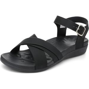 UTENAG Women's Comfortable Walking Flat Sandals Arch Support Ankle Strap Strappy Sandals (11, Black)