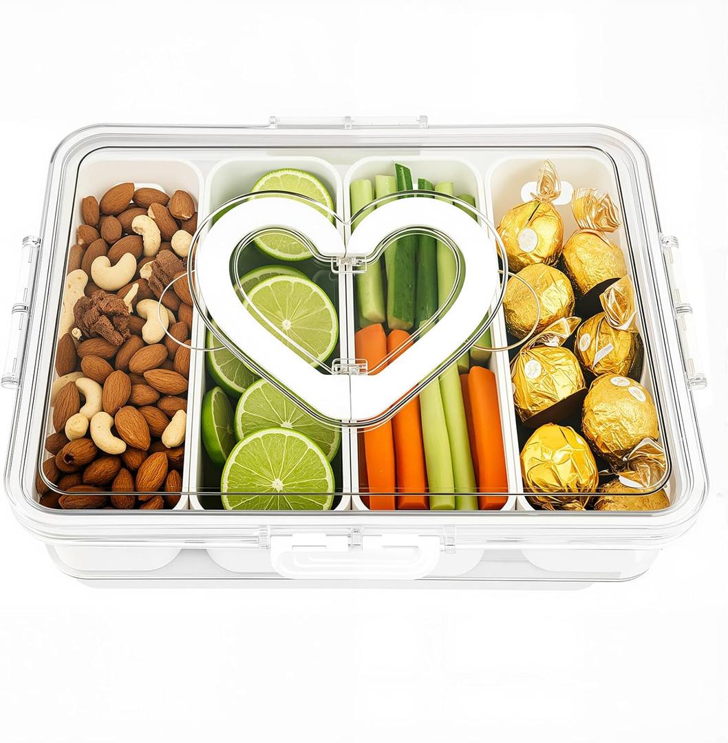 Divided Snack Serving Tray with Lid and Handle travel Snackle Box Charcuterie Container Portable Storage Organizer for Candy Divided Serving Tray with Lid for Fruits, Snacks, Sauces & More