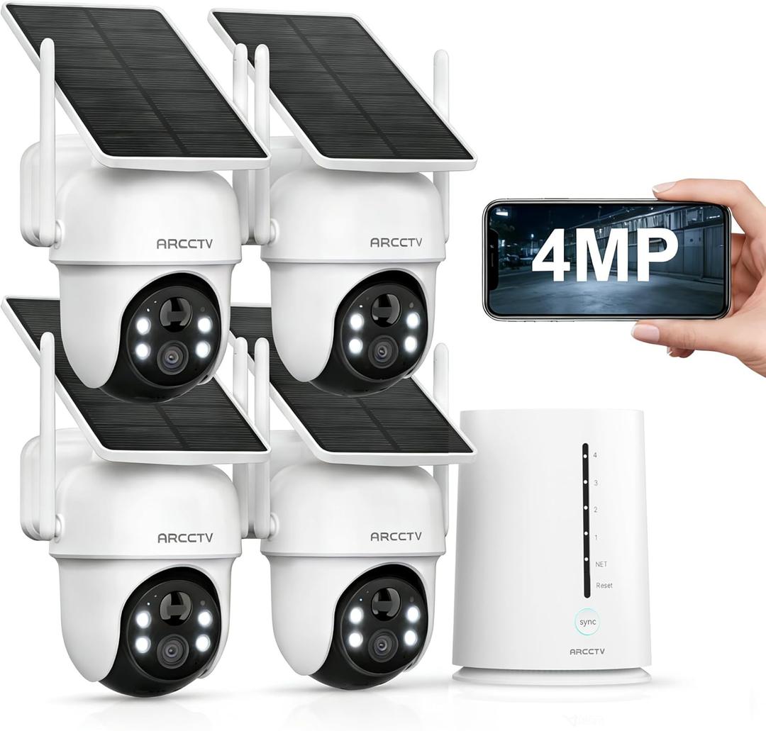 Security Cameras Wireless Outdoor, No Monthly Fee Solar Camera Outdoor Wireless, 4-Camera 2K Home Security Camera System with Base Station, Local Storage, PIR Motion Detection, Color Night Vision