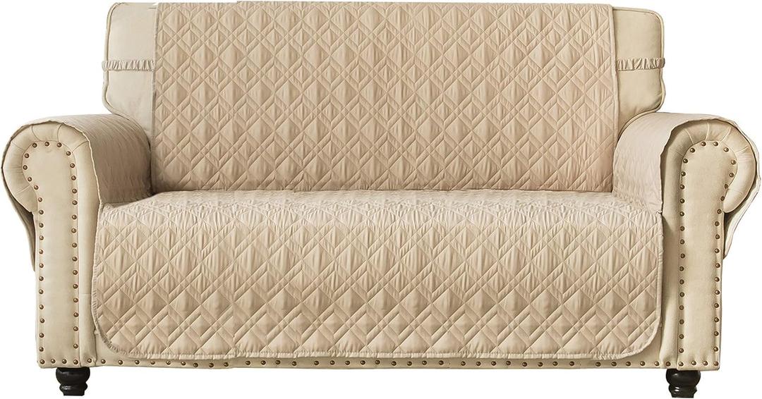 Ameritex Loveseat Cover Water-Resistant Quilted Furniture Protector with Back Nonslip Paws Slipcover for Dogs, Kids, Pets Loveseat Slipcover Stay in Place for Leather (46", Beige)