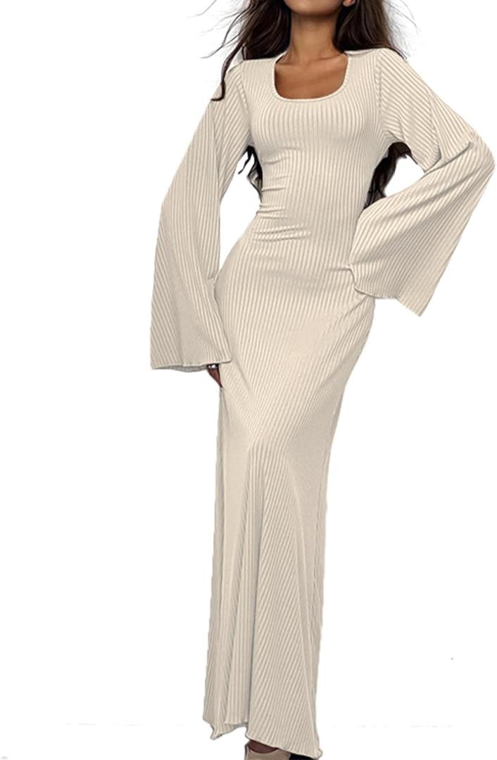 Women Flare Sleeve Maxi Dress Sexy Square Neck Long Sleeve Knit Ribbed Bodycon Dresses Casual Lace Up Back Dress (Large, Apricot)