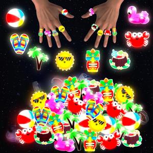 24PCS Hawaiian Summer Party Favors LED Light Up Rings, Bulk Glow in the Dark Light Up Toys for Classroom Prizes Tropical Party Decorations Hawaiian Birthday Party Goodie Bags Fillers