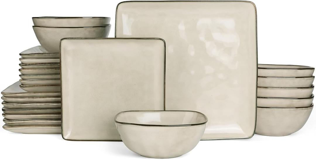 Famiware Square Ceramic Dinnerware Set for 8, Plates and Bowls, Light khaki