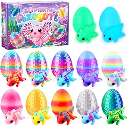 DIYDEC 24pcs Easter 3D Printed Animals Axolotl Figurines with 3D Printed Eggs Mini Fidget Toys for Kids Boys Girl Easters Basket Stuffers School Classroom Prizes Egg Hunt Party Favors Gifts