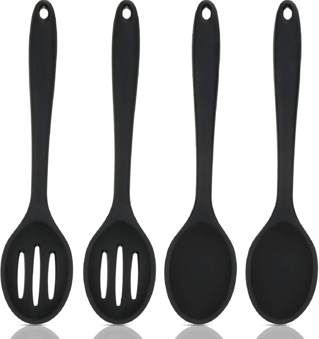 Boao 4 Pcs Silicone Spoons for Cooking 10.6 Inch Large Nonstick Serving Spoons Heat Resistant Slotted Spoon for Mixing & Stirring Kitchen Cooking Utensils, Dishwasher Safe(Black)