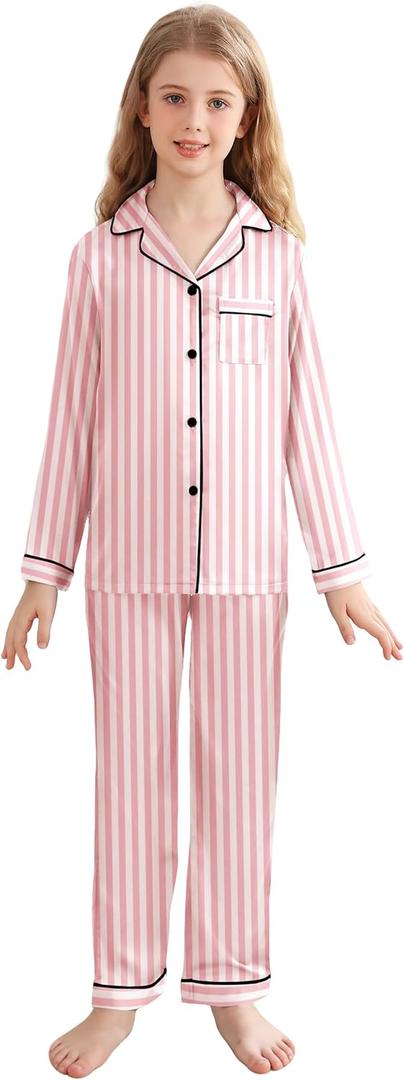 Veseacky Xms Satin Pajama Sets for Girls Silk Button Down PJ Set Silk Sleepwear Birthday Pajamas Gift (Pink Stripe,150)