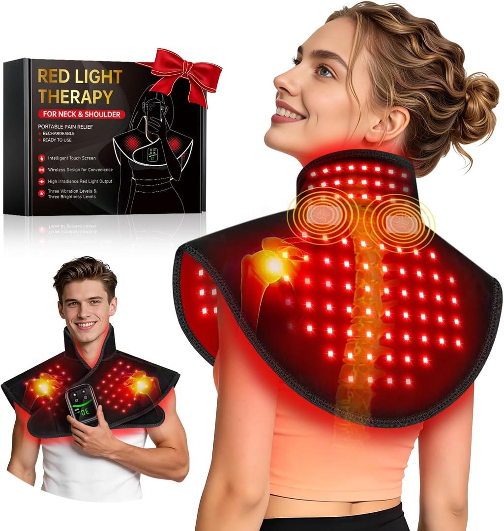 Cordless Red Light Therapy for Neck & Shoulder Relief, 118pcs LED Red Light Therapy Pad with Massage for Back, 660nm 850nm Wearable Heating Wrap for Body Muscle Relax, 5000mAh Rechargeable, Auto Timer (Black)
