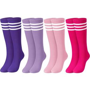 Jeyiour 4 Pairs Women Knee High Socks for Women Soccer Football Softball Stripe Tube Socks Gifts for Cheerleader