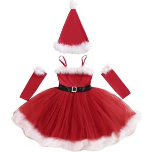 Amnnchya Christmas Toddler Girl Dress Sleeveless Santa One-Piece Dresses Arm Sleeves Hat Set Kids Girls Christmas Outfit, 4-5Y