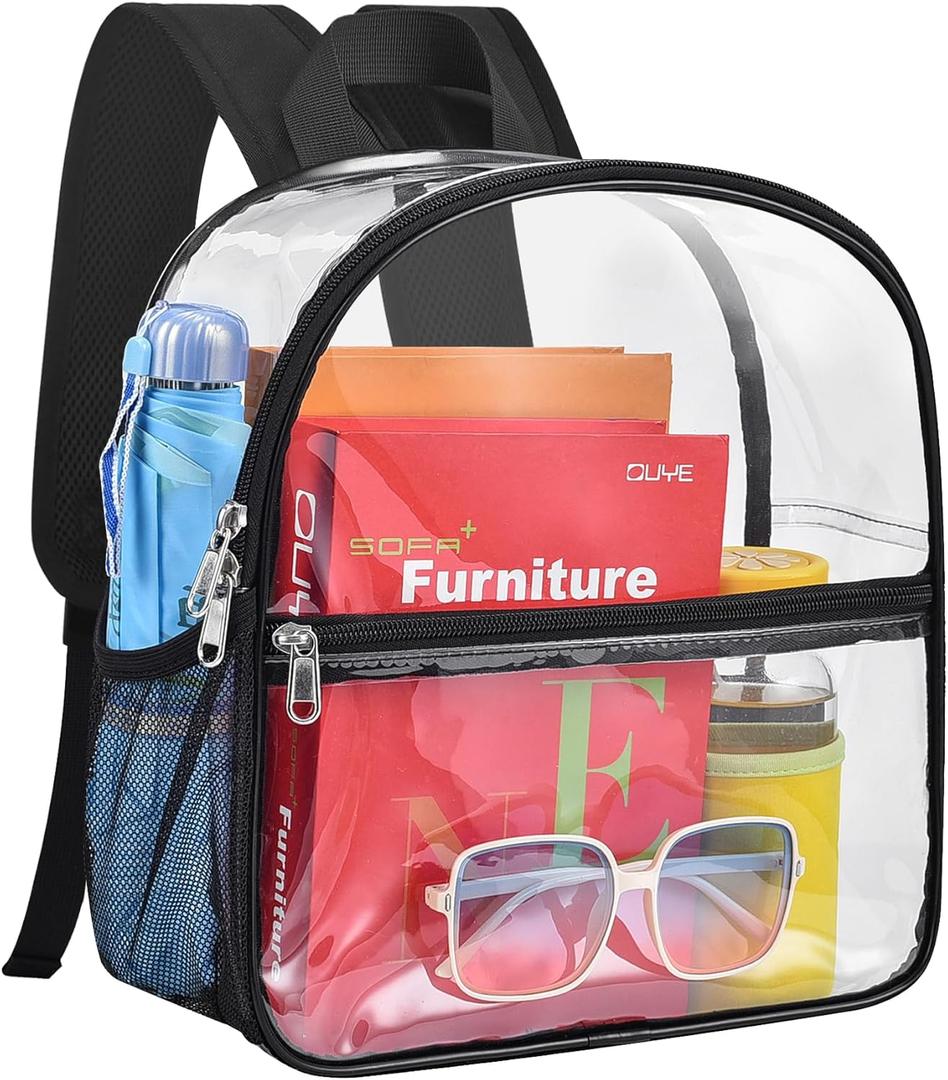 Paxiland Clear Backpack Stadium Approved 12×12×6 with Reinforced and Wider Shoulder Straps, Small Clear Bag for Schools, Concerts, Work, Festivals and Sporting Events - Black