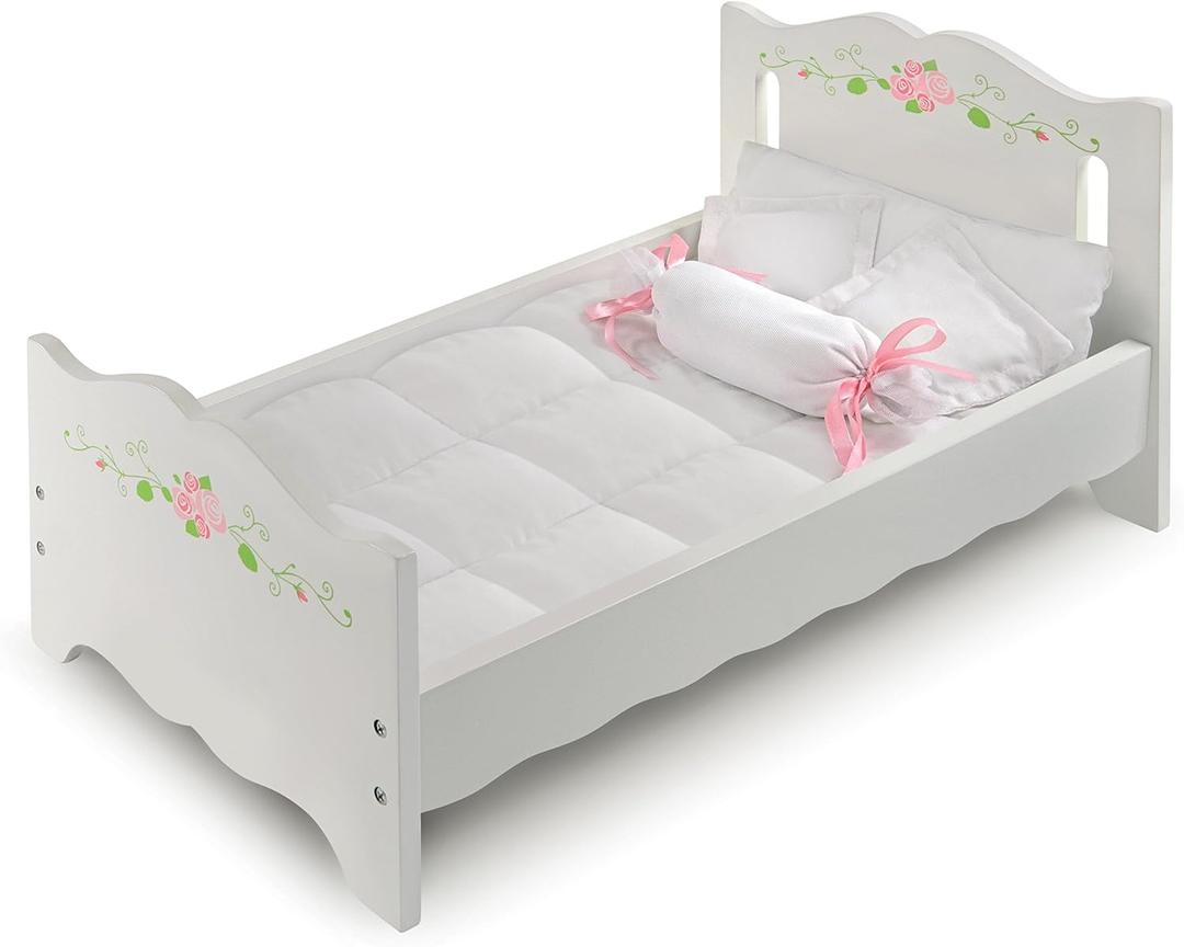 Badger Basket Wooden Doll Bed with Blanket and Pillow with Free Personalization Kit - Fits 18" to 20" Dolls - Ideal for Baby Dolls and Pretend Play Fun - White and Pink Rose Design