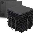 12 Pack Slate Drink Coasters with Metal Holder, VIBRATITE 4 Inch Black Slate Stone Coasters Bulk Laser Engraving Blanks with Anti-Scratch Bottom for Drink Coffee Bar Kitchen Home Decor, Square