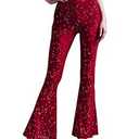 Anlaey Women's Rave Mesh Sheer Sparkly Pants Sequin Flared Bell Bottom Pants Sexy Rave Outfits for Festival Dance Clubwear, M