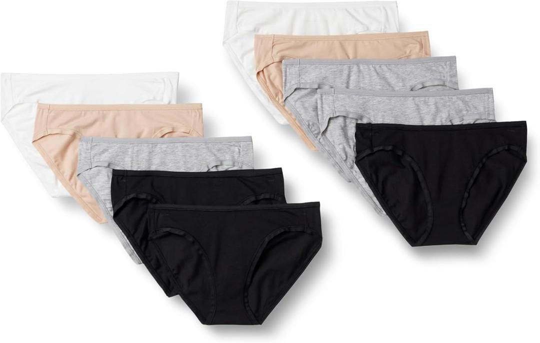 Amazon Essentials Women's Cotton Bikini Brief Underwear, Pack of 10, Black/ Grey Heather/ Light Pink/ White, X-Small