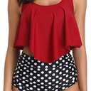 Women High Waisted Bikini Swimsuit Plus Size Flounce Top Vintage Tummy Control Bottom Two Piece Tankini Bathing Suits (Small, Wine Red)