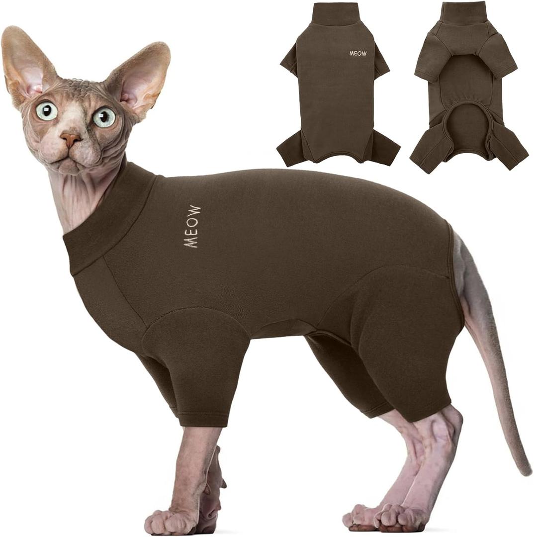 ROZKITCH Hairless Cat Shirt, Turtleneck Sweater for Cat, Sphynx Cats Shirt Hairless Sweaters with Sleeves, Warm and Soft Kitten Pullover Fleece Winter Pajamas Jumpsuit for Puppy Cats Coffee, Size S (Back Length:11"))